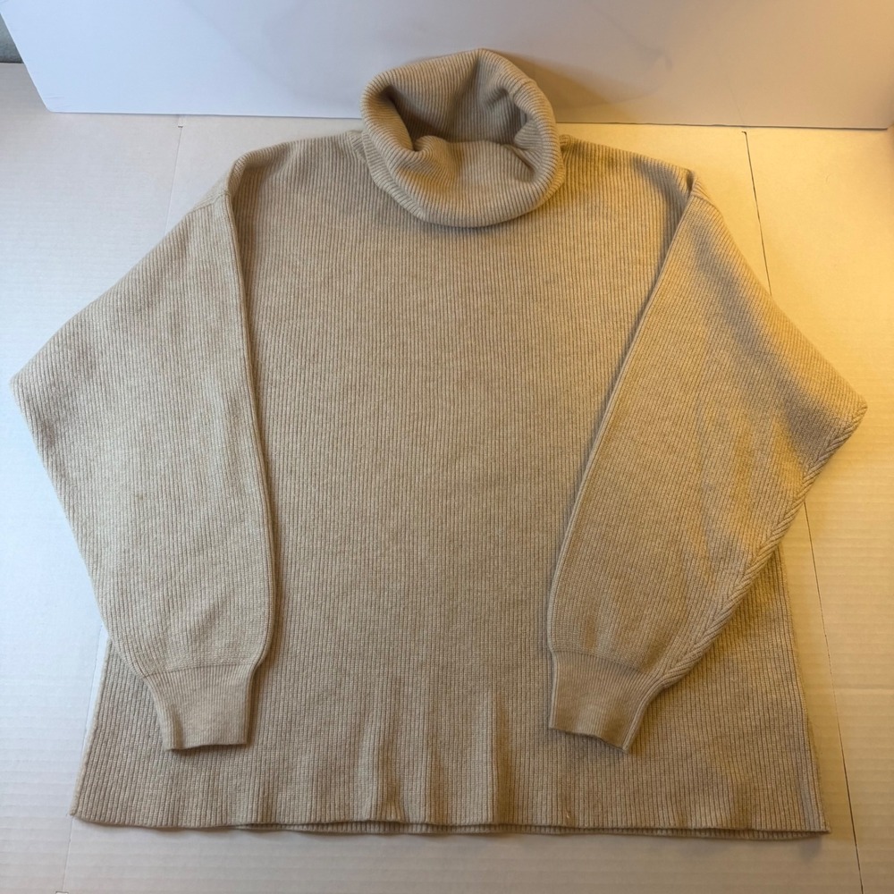 Free People Womens Oversized Ribbed Turtleneck Sweater Beige Oatmeal Size M